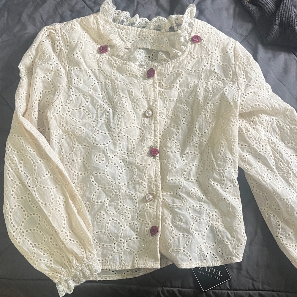 Zaful Cream Lace Snap Button Down Shirt with Purple Rose Accents